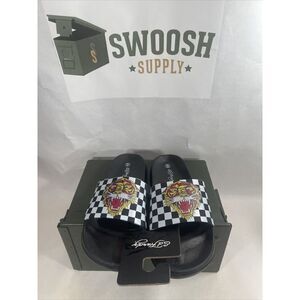 ED HARDY WOMENS BLACK WHITE CHECKERED TIGER SLIDES SANDALS RARE